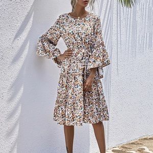 Floral Flounce Sleeve Belted Layered Hem Dress